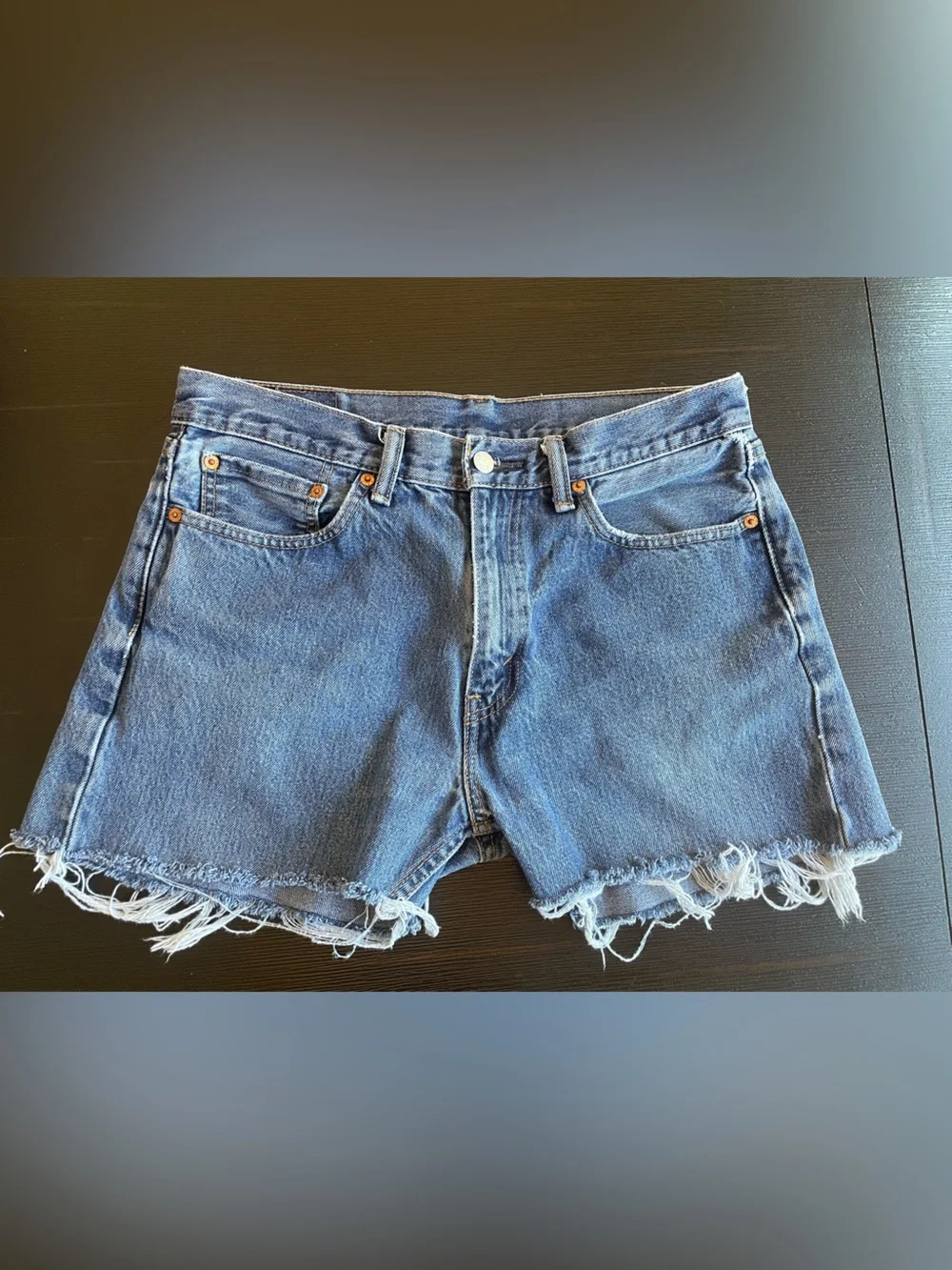 Levi's 505 Blue Denim Cutoff Raw Hem High Waisted Jean Shorts W33 Med